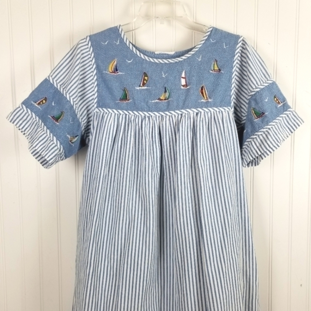 Striped Sailboat Embroidered Short Sleeve Light Denim Dress Summer Nautical S/XS - Picture 3 of 14